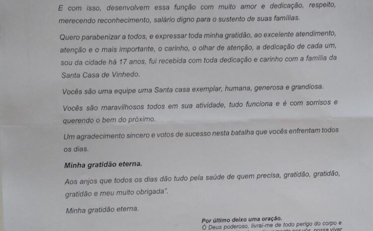  APÓS ALTA HOSPITALAR, PACIENTE AGRADECE POR ATENDIMENTO NA SANTA CASA DE VINHEDO