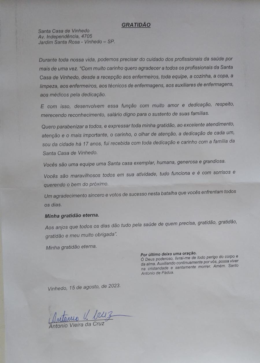  APÓS ALTA HOSPITALAR, PACIENTE AGRADECE POR ATENDIMENTO NA SANTA CASA DE VINHEDO