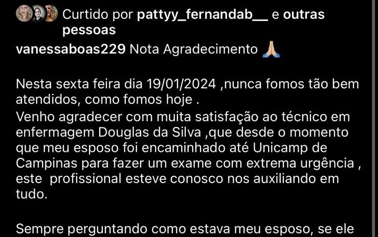  ESPOSA DE PACIENTE AGRADECE POR ATENDIMENTO NA SANTA CASA DE VINHEDO